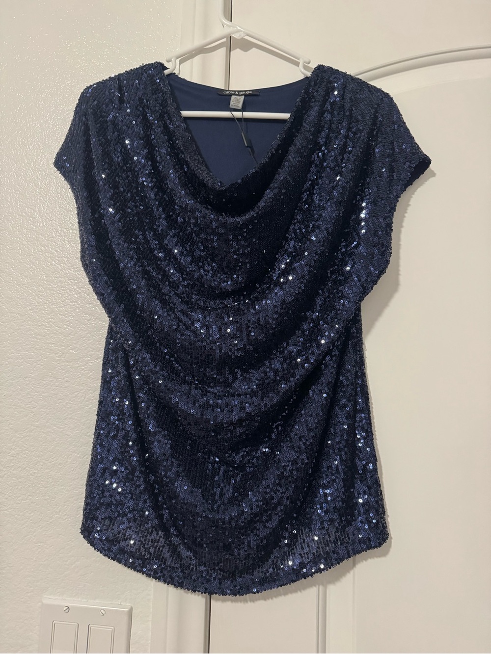 Cable & Gauge Dark Navy Sequin Draped Cowl Neck Top